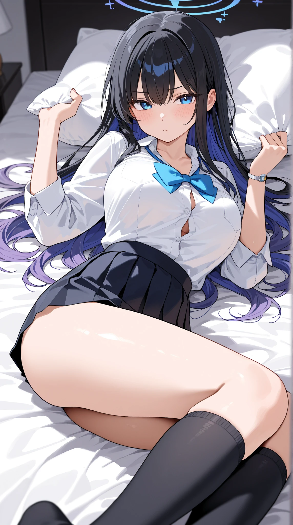 ((masterpiece)), ((best quality)), ((4K)), girl, pinch hemline of shirts, lift hemline of shirts, glimpse of belly button, smiling, POV from below