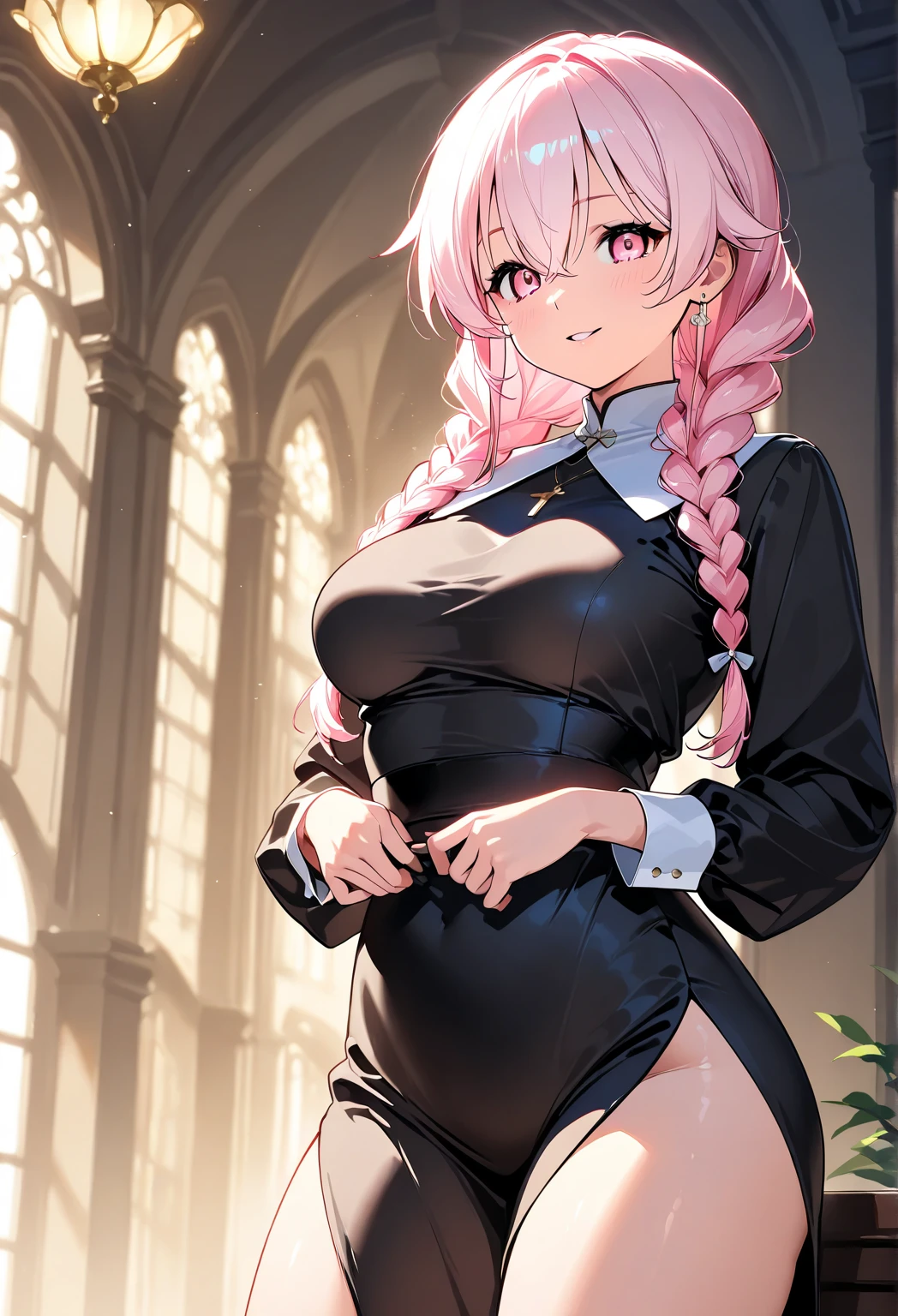 nsfw,((Masterpiece)),((high resolution)),((Best Quality)),Anime illustration,((1girl)),(wavy hair),(short hair),(pale pink hair color),small ponytail,Red eyes,(Big round eyes),((tareme)),12 years old,((loli face)),((very big breasts)),Short stature,,,Ao Dai,No sleeve,mini skirt,blush,I'm very embarrassed,arms up behind,