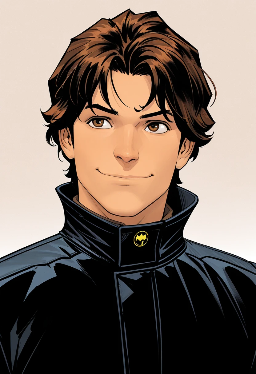 aronad, western comics (style), masterpiece,best quality,amazing quality, source_anime, 
gbdkaru, 1boy, male focus, solo, brown eyes, brown hair, coat, black coat, long sleeves, portrait, smile,