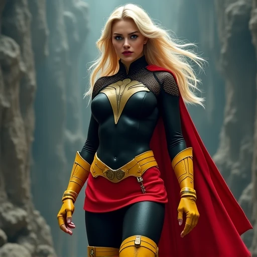 Taylor Swift, sci-fi protagonist, hourglass figure, athletic build, long detailed blonde curly hair, beautiful woman, sexy heroine, sci-fi landscape, dystopian vibes, Kodak 400 gold, cape, Star Wars, Star Trek, star scape, another planet, alien warrior, sci-fi fun, weapon