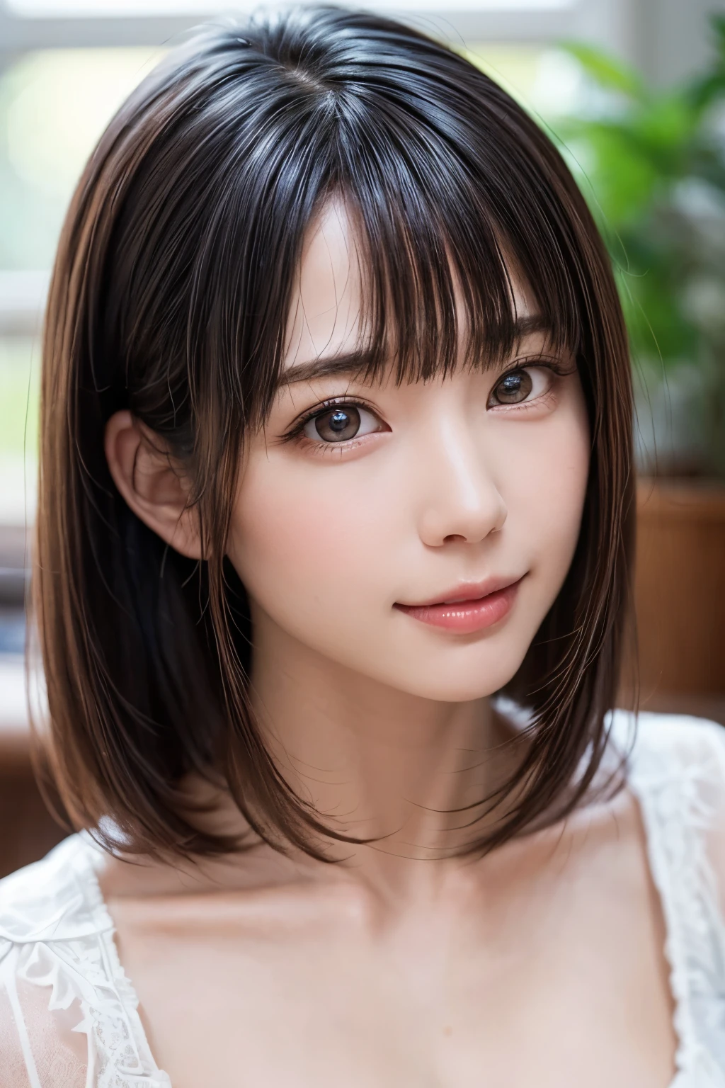 ((masterpiece, Highest quality, High resolution、Realisticですべてが美しく詳細に描かれている)), 1 person, (Realistic: 1.4), alone, White Background, snow-White Background, Mouth closed, smile, smile, Beautiful black hair, short hair, Big eyes, Transparent double eyelids, eyelash, Listen carefully, Long neck, 美しくLong neck, Absolute area, ((Face close-up)), (Draw the whole head, shoulder), 19 years old, Attractive proportions, Glowing Skin, Beautiful clavicle, Golden ratio face, Perfect Face, Teardrop-shaped mole, chestのほくろ, bangs, clean bangs, beautiful bangs, Lip gloss, Thin lips, Fair skin, naked, Big Breasts, {Huge|big|Hugeな|Mega} chest:2, chestの谷間:2,chestの谷間を見せる、Small face, Small face, All the heads are painted, shoulder all drawn, Point slightly above the camera