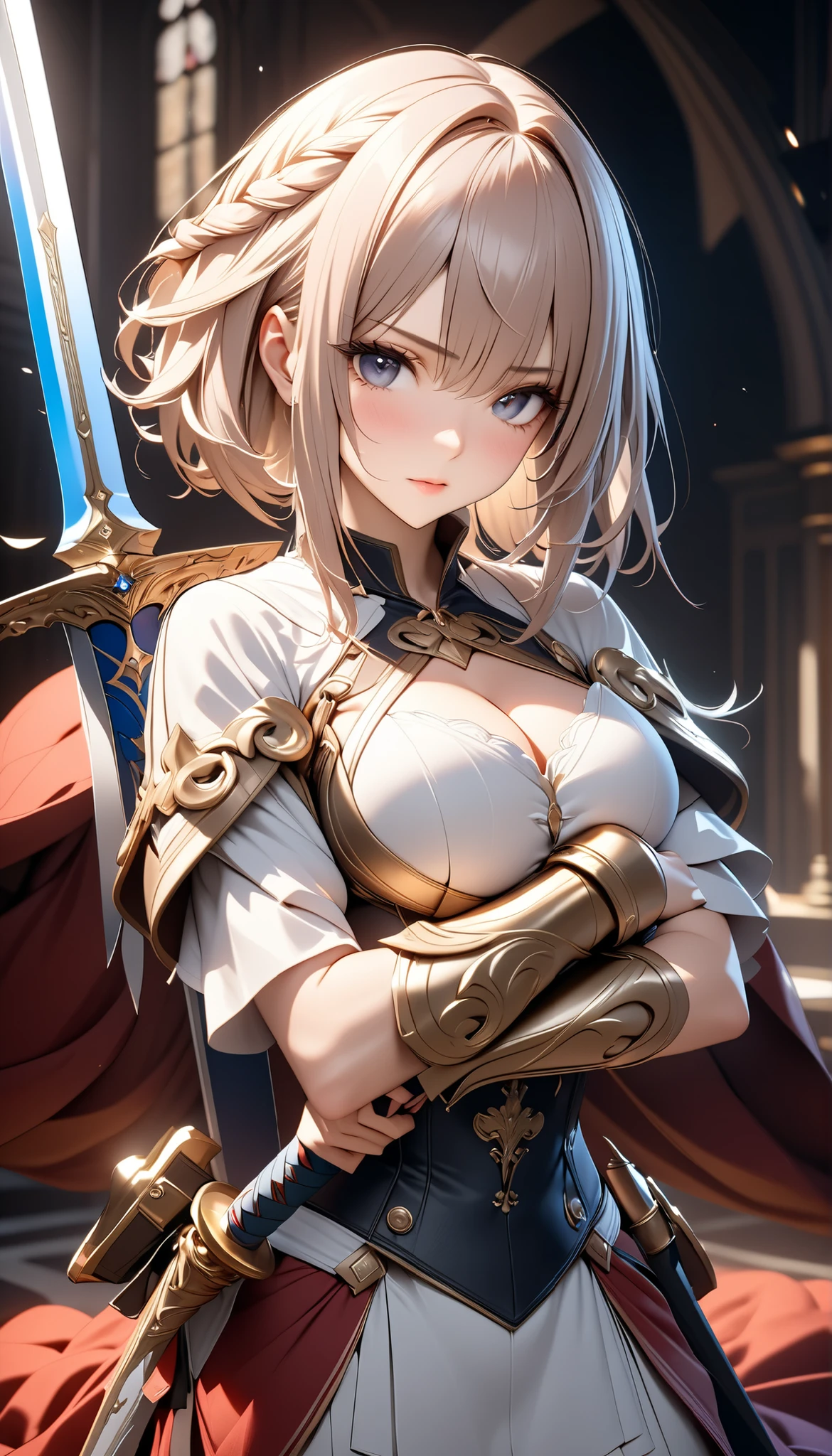 [noelledef]:1.5,((masterpiece,highest quality,Detailed images,Beautiful images))1.4(noelle images、Bob Hair、Equip the Bastard Sword、church、Cathedral、The wind is blowing、Bright lighting overall、Backlight、A fantastic atmosphere、Thick Fog)1.1(Beautiful body lines)
