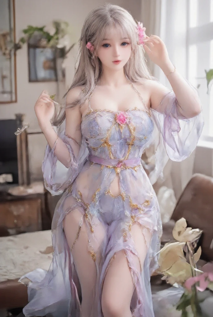 Illustrate a scene where Cupid weaves a tapestry of love using threads of 3D hearts and roses, with fractal patterns representing the intricate and timeless nature of affection. enormous tits