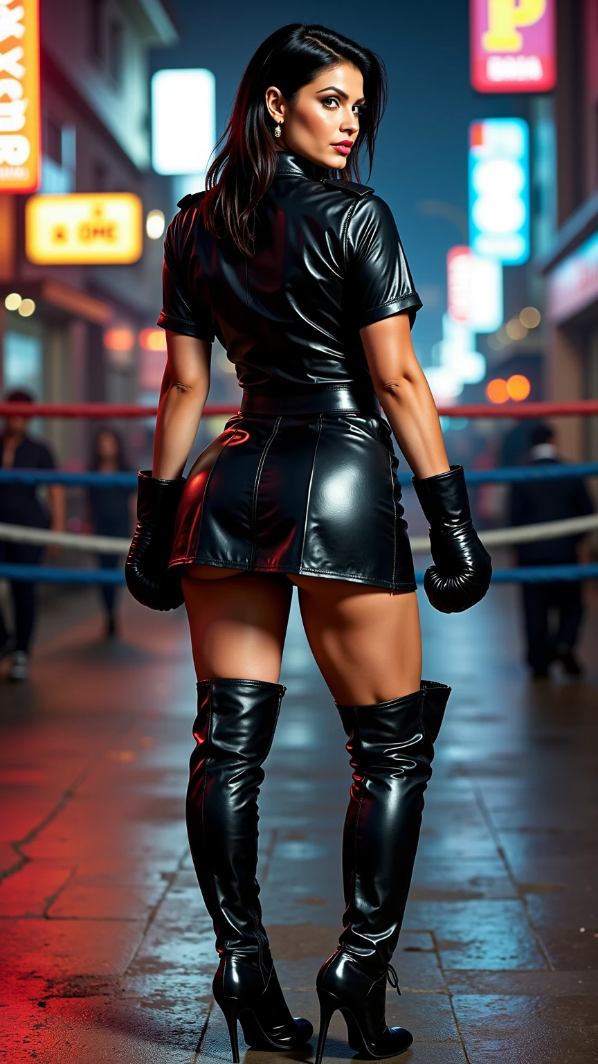 (masterpiece, Top quality, best quality, official art, beautiful and aesthetic: 1.2), ((curvy thicc mature Denise Milani)), ((black leather long-sleeved formal army shirt, buttoned up:1.5)), ((long black leather pleated skirt:1.5)), ((nylon stockings:1.4)), ((short, straight jet-black hair:1.4)), (tiny waist), ((thicc:1.3)), ((beautiful large green eyes):1.3), ((intimidating pose in a boxing ring)), (full-body portrait, view from rear:1.3), (vivid colors), (metallic textures), (hot red lips, makeup:1.3), sexy fighter, prominent breasts, rock solid breasts, missile shaped breasts that defy gravity, (straight, short jet-black hair), firm round butt, large protruding butt, nylon stockings, big_boltedontits, boltedontits, sakimichan, th3p1t,