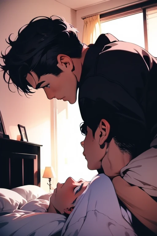 a skinny black boy and a muscular man cuddling in bed while wearing only white underwear manga line art