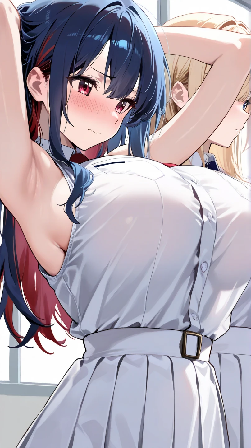 (masterpiece, best quality:1.2), 1girl, solo,standing_split,
Esdeath, blue eyes, blue hair, hair ornament,long hair, white and black cap, sky blue plaid skirt, sainan high , , white shirt, white sweater vest,no panty