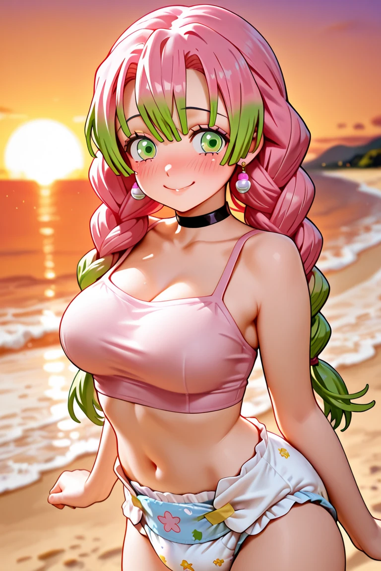(Highest quality:1.2, Anime artwork, Very detailed, Attention to detail, digital coloring, High Contrast, masterpiece:1.2, Highest quality, Best aesthetics), (((kitagawa marin, 1 girl))), ((Emerald green hair、Pink mesh, Medium short hair catalogue, Clean gradient hair, Red eyes、Magenta Eyes)), Earrings, White shirt, Black choker, Check skirt,, smile, Are standing, Cowboy Shot, Sunset on the beach、Detailed Background,Big Breasts:1.2、Cleavage、See through 、Lightweight shirt、(Pink underwear、Underwear is visible)、Perfect hands、Beautiful fingertips、Mr.々Bose、Gravure idol Bose