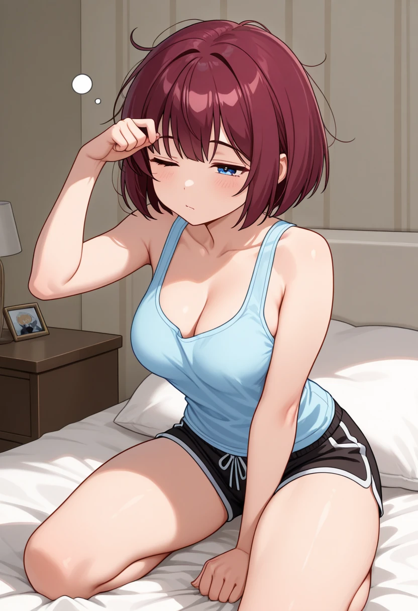 (highest quality:1.2, Very detailed, up to date, Ultra-high resolution, High Contrast, masterpiece:1.2, highest quality, Best aesthetics), (beautiful detailed face), (Highly detailed skin:1.2), 1 lady, jk, thong:, (under boob:1.2), (Crop Top white shirt, sleeveless), Sailor uniform only for the upper body, (thin thighs:), Red Ribbon Tie, kneeing with hands back:, spread legs, Ray tracing, half opened mouth, smile, Detailed beautiful delicate face, High detailed skin, beautiful detailed Green eyes, bedroom, beautiful detailed hair, high heeled shoes, long legs ,short torso, anatomically correct, cinematic lighting, Bright colors and mesmerizing effects, soft and delicate illumination, gentle shine,
