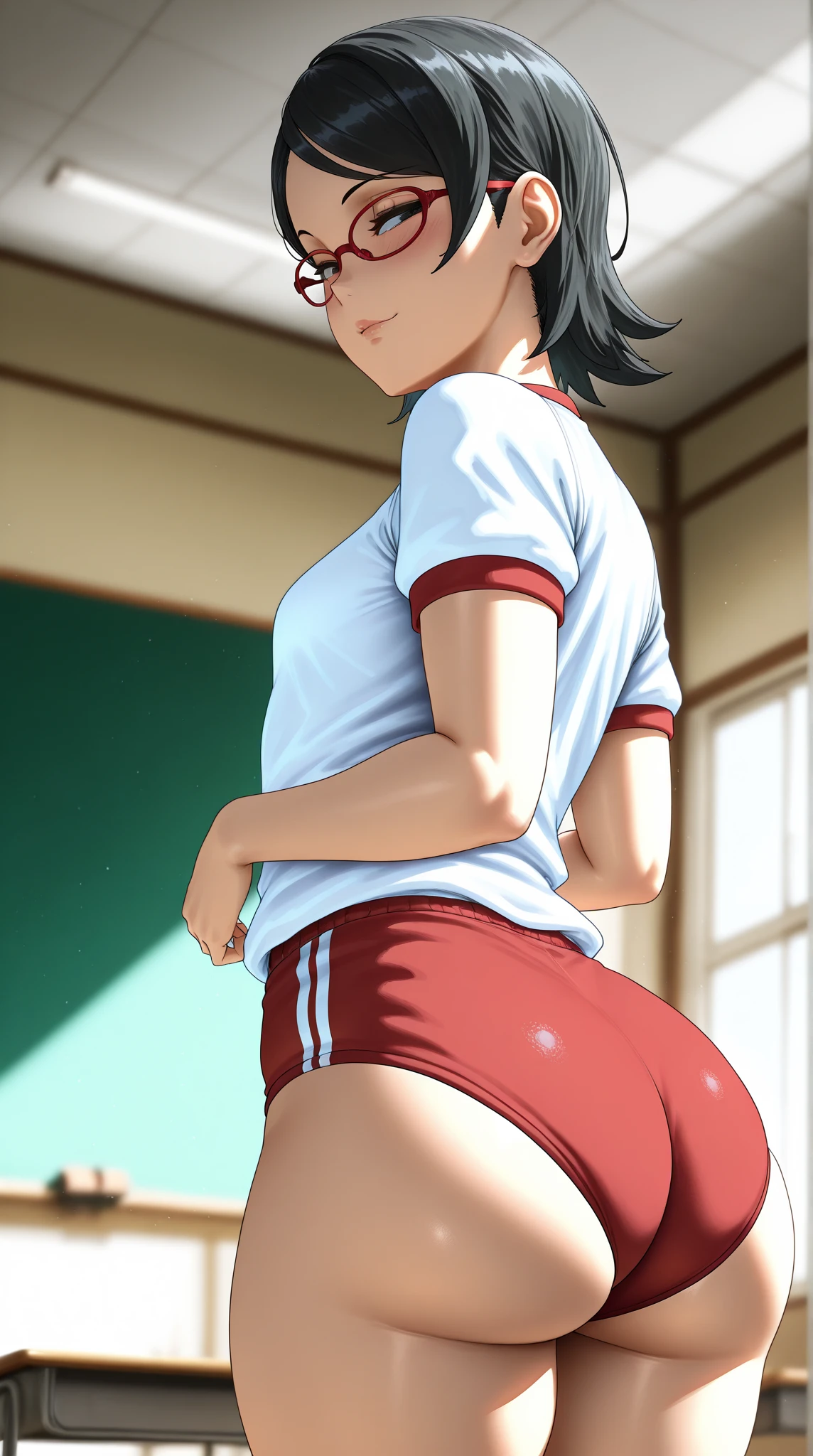 Female, black hair, short hair, bob cut hair, soccer player, blue eyes, glasses, mouth, tucked in jersey, short sleeved, medium breasts, black shorts, thighs, socks, shinguards, cleats, 1980’s, wallpaper, standing, locker room background, slim, fit figure, portrait, close up, 1girl, back of view, ecchi