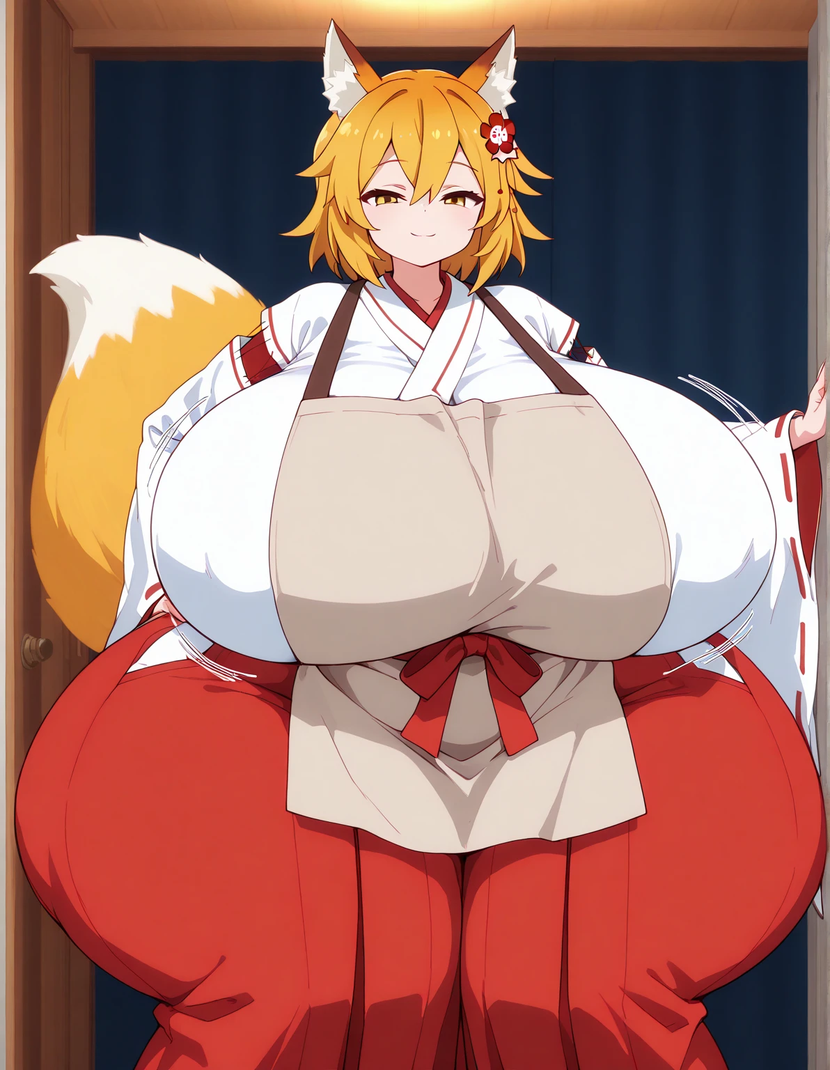 Masterpiece, best quality, perfect lighting, 1girl, solo, senko, orange hair, orange eyes, fox ears, fox tail, flower hair ornament, white miko kimono, tan apron, white socks, geta sandals, smile, fang, arms behind back, thick, huge breasts, Gigantic Sagging Breasts, ntrgao, blush smile, 