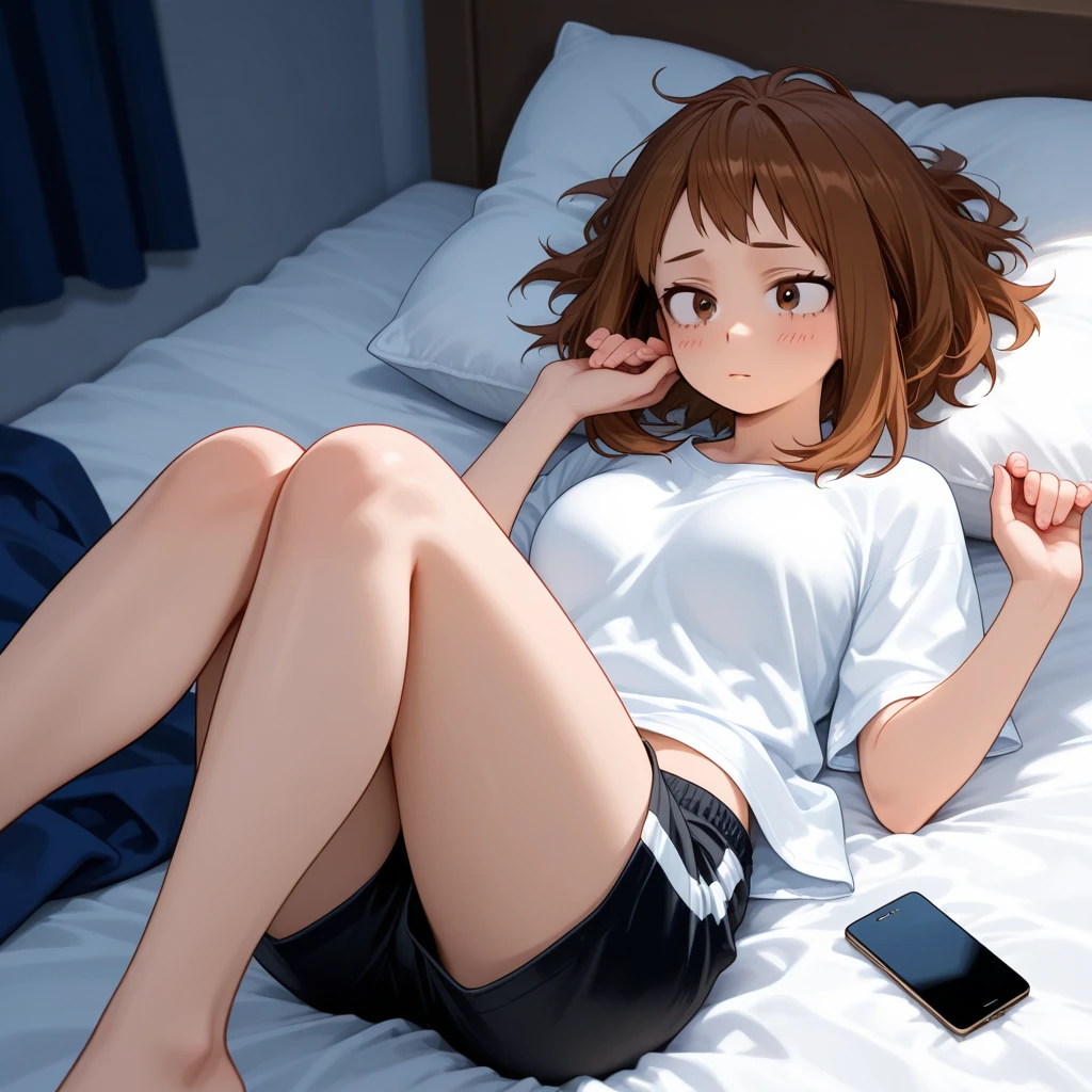 Brown-haired girl　shoulder-length hair　Wearing a white hoodie and a white skirt　Dark orange eyes　White skin　tall　With bangs　Beautiful face　Thin legs　The cleavage is visible　sitting on the bed　Thin legs　Very shy　Shyness　Anime Style