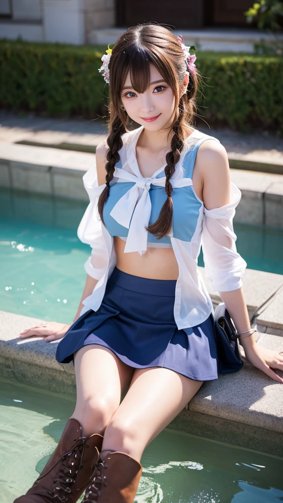 See-through open-chested cheerleader costume 1:4、Transparent nipples 1:4、Leaning forward、Sheer skirt 1:4、pantyhose、1. Highlighting erect nipples:4、forest、Blue braids