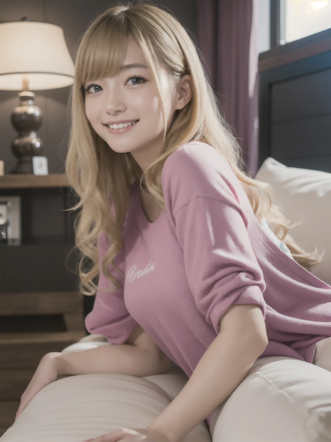 (Highest quality、4K、8k、High resolution、masterpiece:1.2)、Very detailed、(Genuine、Realistic、Realistic:1.37)、Messy room、Video Streaming、Sitting in front of a webcam、blonde、Gal Makeup、A flashy zip-up hoodie in pastel colors、Tank top under hoodie、Big Breasts、Sloppy open chests、Speaking into a webcam、headset、Earphone microphone、smile、Open your mouth、Accentuate your cleavage、Underwear hanging out to dry behind
