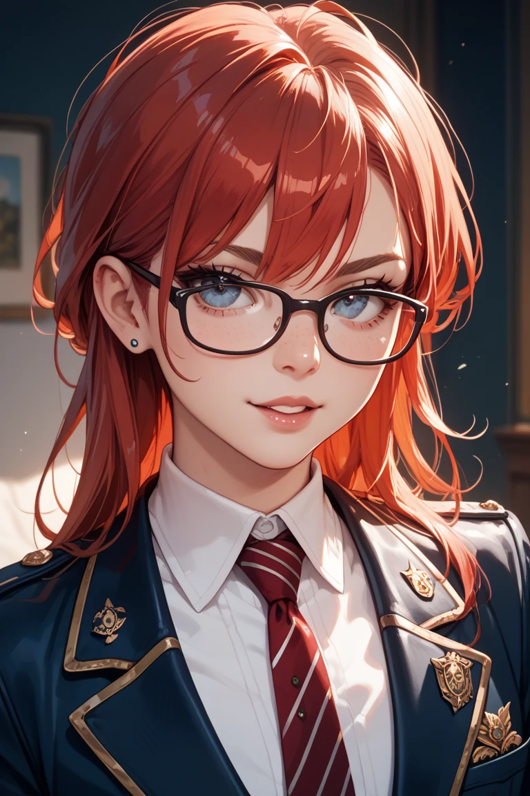 (Masterpiece), Best Quality, ultra-detailed, 1girl (Gwendolyn_Tennyson, Slender and sexy body, lovely small breasts, orange hair, long wave hair, green eyes, half-closed eyes, spectacles), a come-hither face, smirk , parted lips, nose blush, blush, facing viewer, looking at viewer, solo, business suits,business jacket, dark blue jacket, white y-shirts(buttons), necktie, tight skirt,dark blue skirt, black pantyhose, in the classroom, night time, , sitting, sitting on desk, crossed_legs, come-on, lure,, Sexy waist teasing, ,