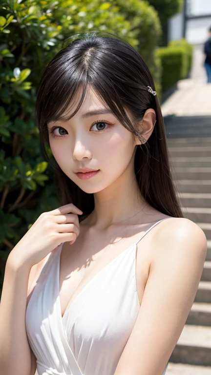 (highest quality, 32k, High resolution, Masterpiece:1.5, ), marimo_jet, god々A photograph with brilliant dazzling and healing power., Evoking a sense of calm and elusive beauty, Expressing emotions, Have a rich imagination, Beautiful Japanese Girls, Beautiful Japanese Girls, ((Frontal bust shot:1.3)), An exceptionally beautiful face, Small Face Beauty, Perfect Human Anatomy, Magical big eyes, Motherhood and generosity, Deep Love, fleeting smile, ((Shiny black hair:1.1)), ((Super Long Straight Silk Hair)), Asymmetrical bangs, Hair between the eyes, Transparent, soft white skin, Sharp eyebrows, Thin lashes, Natural Makeup, Cheek highlighter, Pale pink detailed lips, , ((White tank top:1.2)), High resolution perfect collarbone, High resolution beautiful bust, Slim figure with ample breasts, High resolutionの美しい太もも, ((Blue sky and white desert:1.2)), Detailed summer sky, Vast desert, The dazzling midsummer sunlight, Professional Lighting, Professional photographer, Professional models, God's Secret