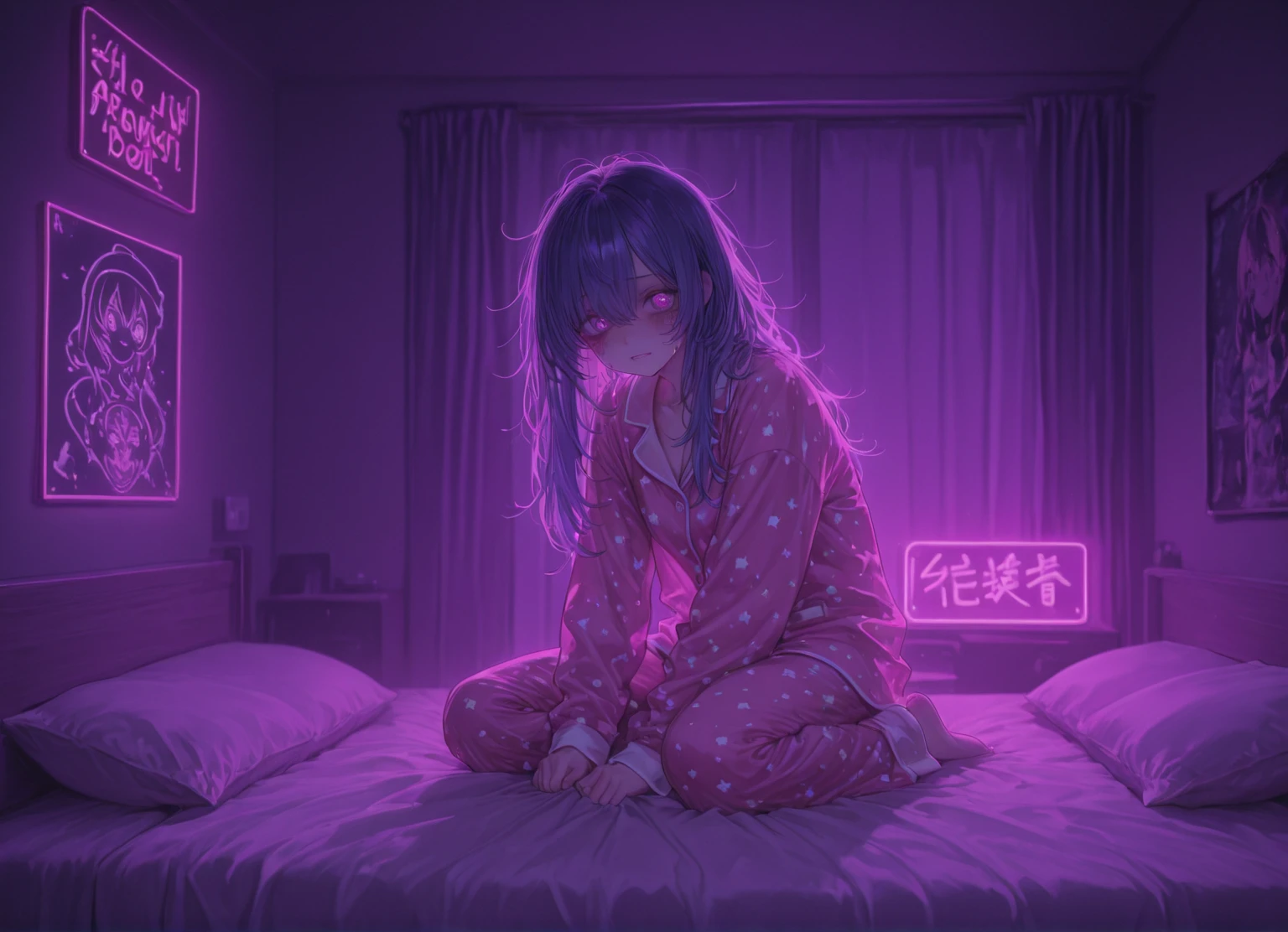 A powerful purple eye man night time sit in bed andcrying and sad for their  breack up