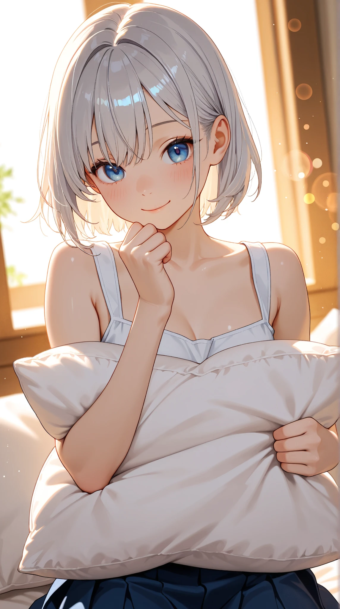 ultra(beste-Qualit、in 8K、32K、​masterpiece、kfk:1.3)、Photo of Pretty Japanese and Russian mix woman, ((middle)), blown hair, depth of fields, blurry backround, lensflare, Movie Lighting, Beautiful Fingers, Well-Formed Fingers, Cute, Sweat, Wet, Colossal, White Skin, Light Hair, Blushing Cheeks, Clear White Skin, Glowing Eyes, Colored Contact Lenses, Glittering Eyes, Super Colossal, Crisp, middle Breasts, drooping sweat, shiny hair, post-facto, starry eyes, sweat, kissing, kissing face, imminent kiss, icoming kiss, post-facto, blue eyes, white hair, sitting, bed sheet, light, nose blush, light smile, white dress, blue bow, 1girl, night, night time, High Detail, Sony FE GM, Anime Style, Motion Lines, from side, pov, sparkle