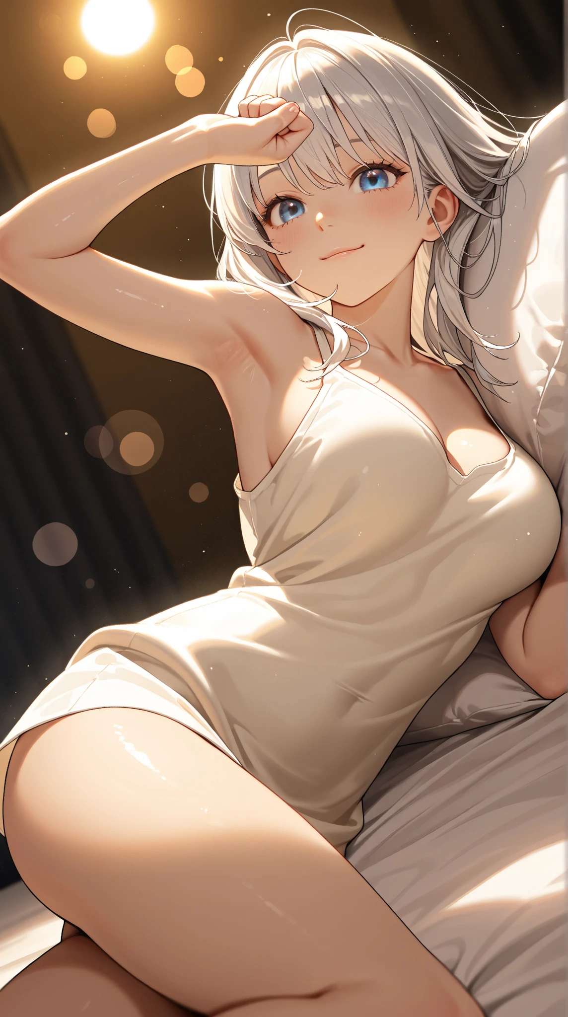 score_9, score_8_up, score_7_up, source_anime, bedroom, 1girl, white hair, long hair, wavy hair, red eyes, large breasts, white dress shirt, unbuttoned shirt, cleavage, white panties, bare legs, thighs, hands, lying back, on bed, anime screencap, detailed, cinematic lighting, 8k, masterpiece, by koumashiro,