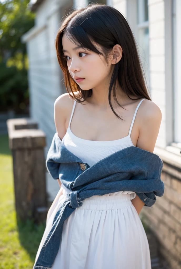 8k、High-definition skin quality、Caucasian 14 year old girl、super high quality、sunlight、Fair-skinned beautiful girl、Young Breasts、Small cleavage、Adult atmosphere、high resolution skin、Fair and beautiful thighs、Young face、Innocent face、Hair tied up、Well-formed face、Off-the-shoulder dress、Open your mouth、Wet lips、Bare legs、Bare buttocks、Well-formed legs、Look away