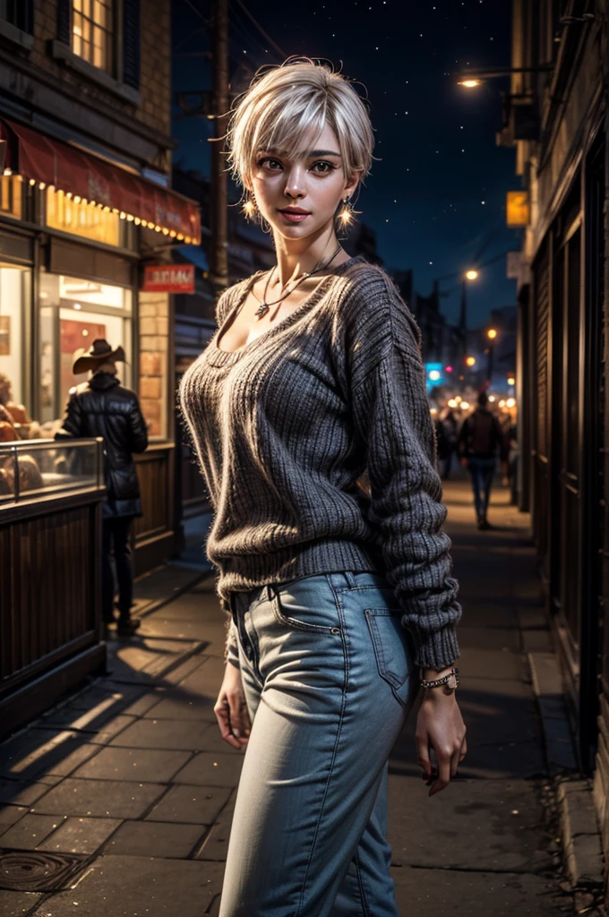 a portrait of a elegant hot model girl, sitting on bench, flirting with camera blonde ponytails tanned skin opened mouth, [[[smirk]]], evening make up, red lips (full body shot:1.2) gray sweater, white cap, (white jeans:1.2), (cleavage:1.1), (winter street:1.5), evening breast, aesthetic, aesthetic body, cute, flirting with camera, magnificent, maximum details, extremely hyper aesthetic, cinematography, intricately detailed intricate, soft cinematic light, highly detailed (muted colors)
