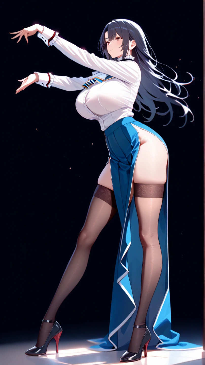 (1 girl),(high quality), (High resolution), (extremely detailed), (8K),(lower body shot),(3CG),(A high school girl wearing a magician's uniform),(wearing black knee-high stockings)not wearing shoes,perfect writing,(Beautifully erect nipple shape),High resolutionの美しい目,(neutral white lighting:1.2),Facing back and sticking out your buttocks