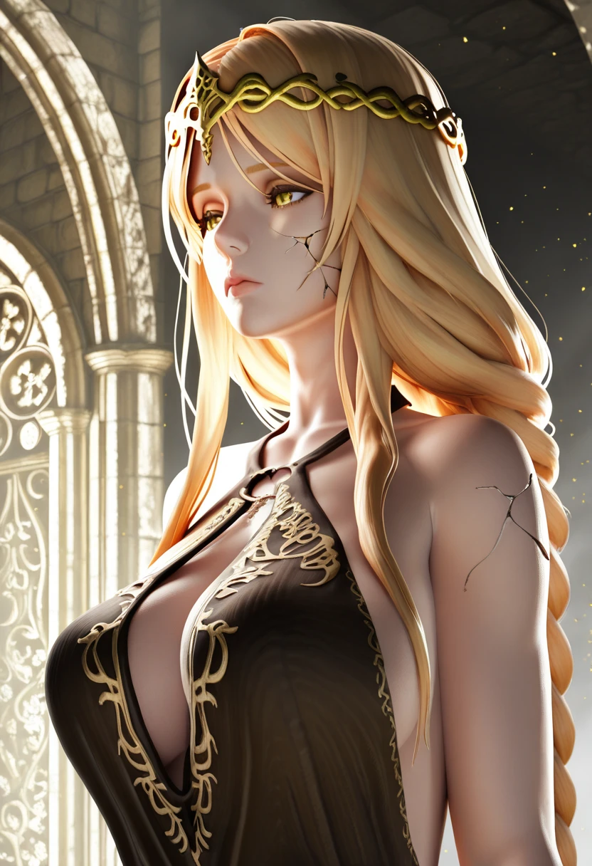 masterpiece, best quality, highest quality, 1girl, breasts, jewelry, hair over one eye, dress, bracelet, blonde hair, black dress, long single braid, large breasts, ring, circlet, breasts out, necklace, armlet, looking at viewer, lips, yellow eyes, bare shoulders, parted lips, hair ornament, cinematic lighting, (volumetric lighting), extremely detailed CG unity 8k wallpaper, focused, 8k wallpaper, 4k wallpaper, extremely detailed, ultra realistic, photorealistic, sharp focus, absurdres, (HDR:1.2), (high contrast), photograph, detailed and intricate, instagram, portrait, highly detailed, digital painting, artstation, concept art, smooth, sharp focus, illustration,, (epic realistic, hdr, luminous, intricate details, hyperdetailed, cinematic, rim light)
 <lora:_Queen_Marika-000005:0.7>