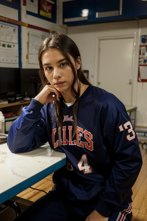 2000s fashion, high-angle photo, shot with Fujicolor C200, capturing a girl sitting down on a basketball court as a backdrop, colorful melancholy, flickr, associated press photo,upper body