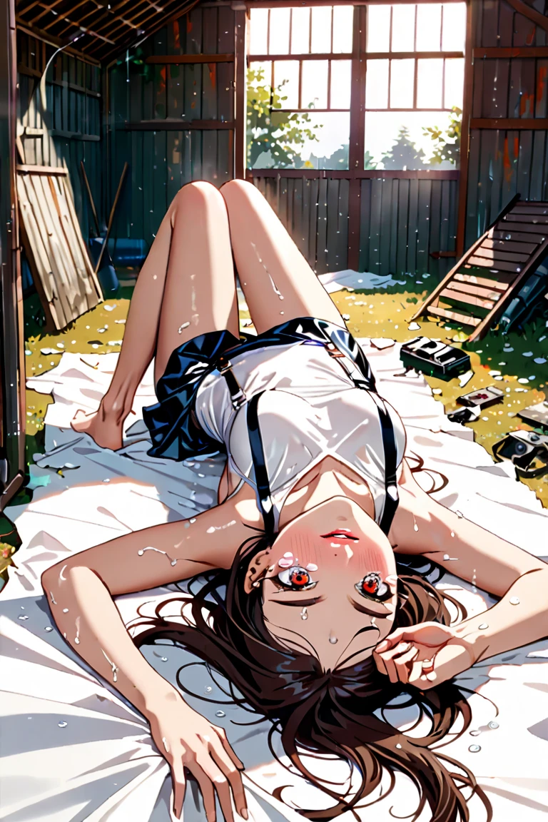 masterpiece, best quality, 1slim girl, slim, lying on lawn, from above, short pants, T-shirt, full body, sneaker, (after raped, cum on body, tore clothes, undressed, open breast, dirty), sweat, cum on body, trembling,