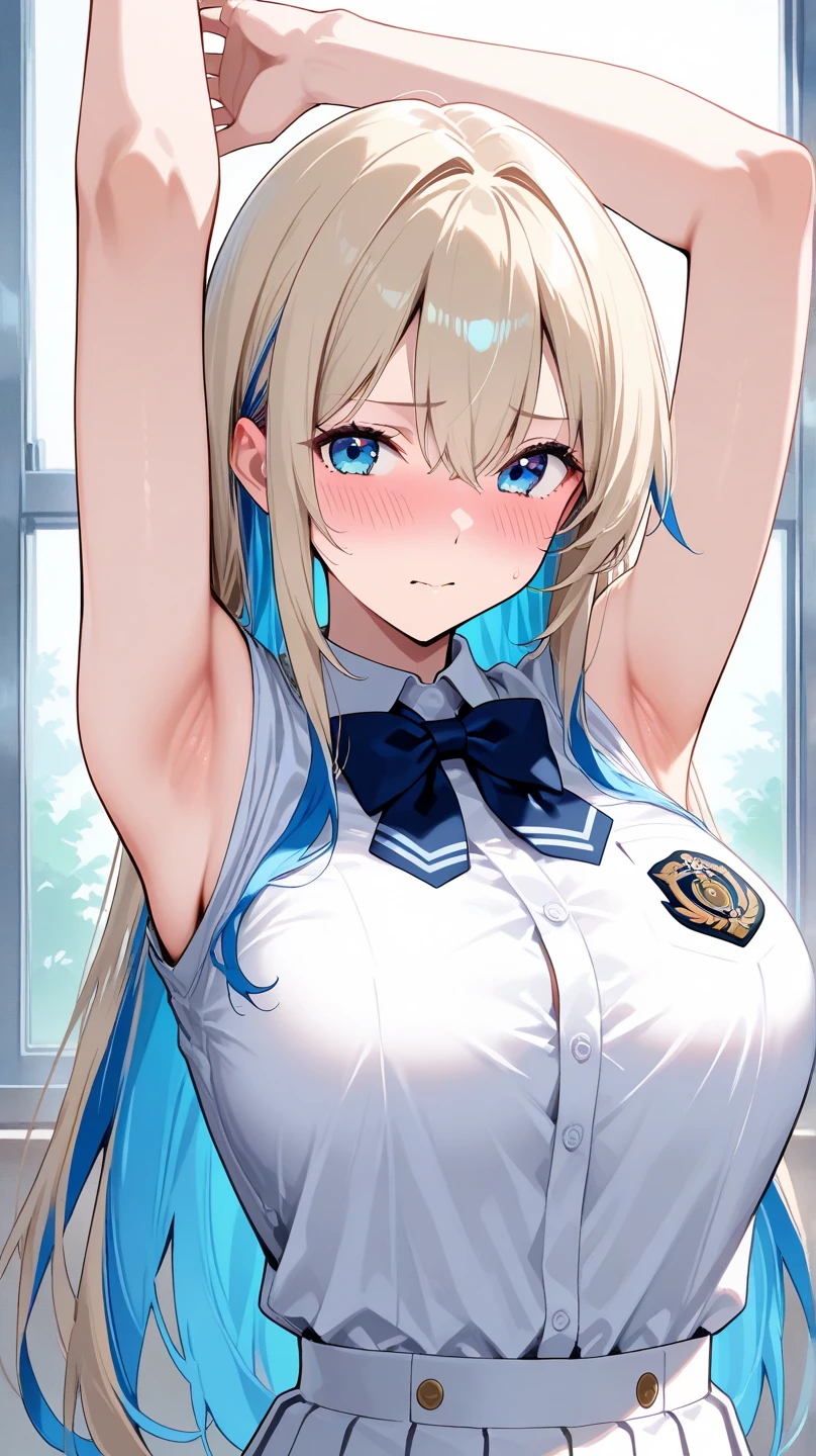 blonde hair,blue eyes,open mouth,big breasts,,solo,low twintail,hair band ,upper body