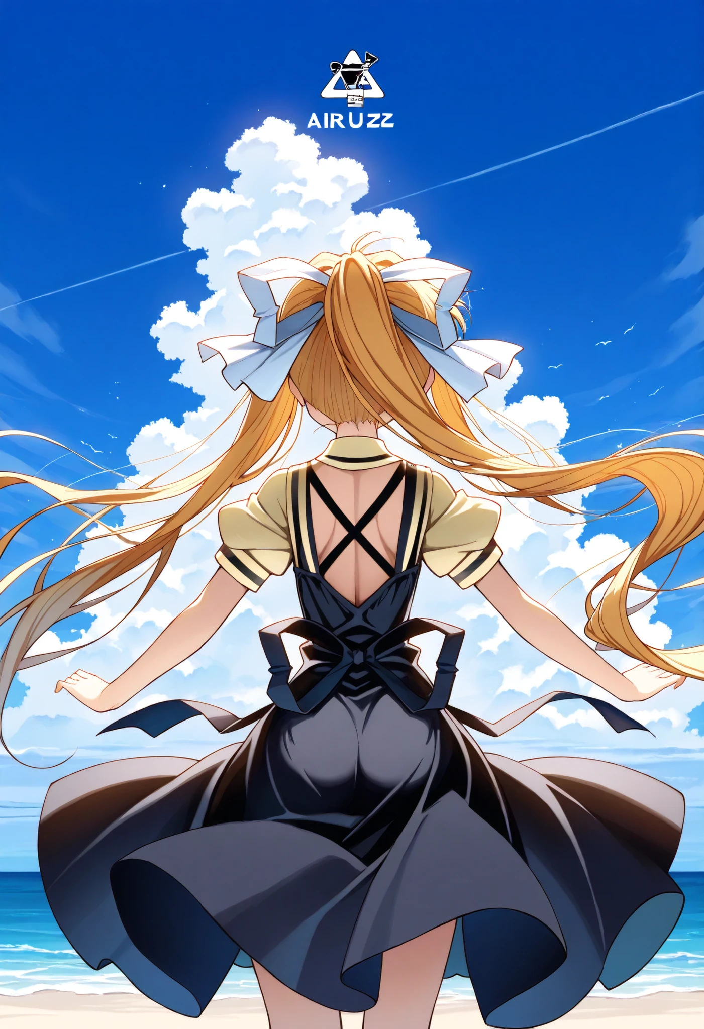 Masterpiece,Best quality, ultra detailed,Japanese Anime style, Girl, solo, blonde, Kamio Misuzu, AIR, facing backwards, back, arms outstretched, sandy beach, blue sea, blue sky, AIR logo,