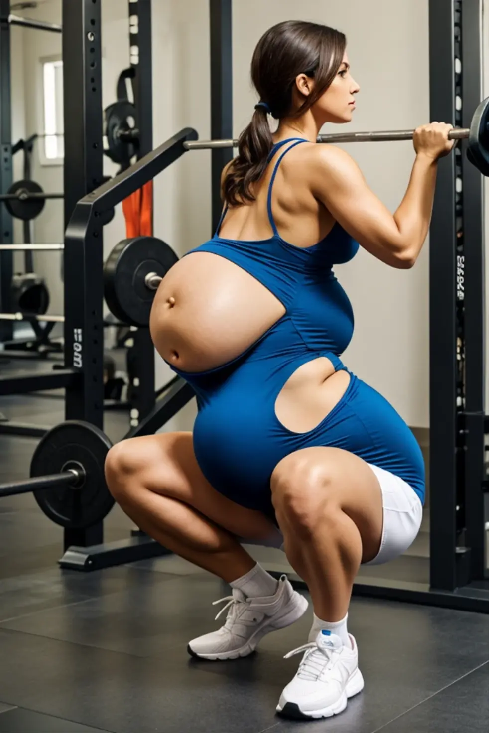 Create a detailed photo of a 20 something year old asian girl with small breasts, wearing yoga pants and a sports bra while at the gym. She has pink pastel hair, curvy body, plump body, huge big ass, thick body, curvy body type, voluptuous body type, busty body type, thick body type, big chest, big