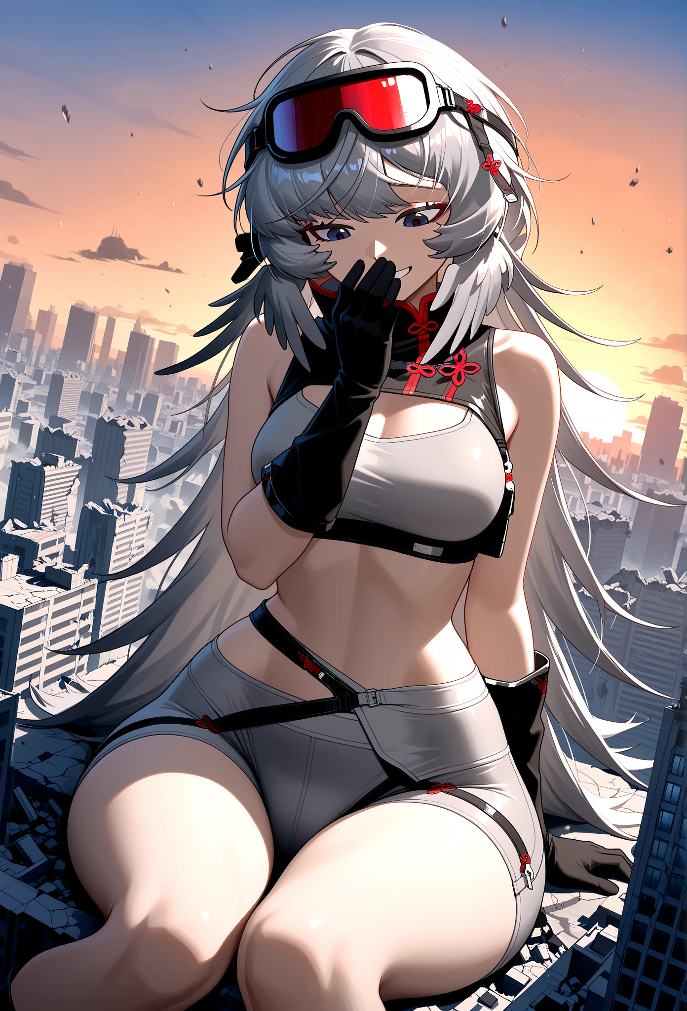 a beautiful young woman with glowing reddish skin, striking red eyes, and long flowing black hair, wearing slim-fit blue jeans, running through a dark, ominous landscape lit by artificial bright lights, attempting to fight and escape from a powerful, shadowy adversary, (best quality,4k,8k,highres,masterpiece:1.2),ultra-detailed,(realistic,photorealistic,photo-realistic:1.37),8 characters, 22 years old, extremely slim, non-roundish heads and faces, colored irises (red, blue), colored hair (red, black, blue, grey, white), slim fit jeans, bright artificial lights, red, black, blue, grey, white colors, non-manga, non-anime