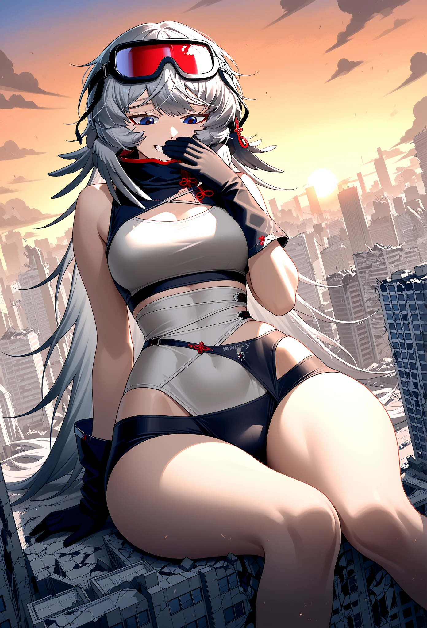 solo, 1 girl (small chest) (masterpiece, best quality: 1.2), bikini, micro bikini, breasts, long hair, white hair, red eyes, tail, full body, pantyhose, multicolored hair, bikini black, cuffs, micro bikini, stockings, white hair, purple hair, colored inner hair, multicolored hair, (red eyes: 1,3), white hair, long hair, two-tone hair, black pantyhose, ear piercing, (((Underboobs)))