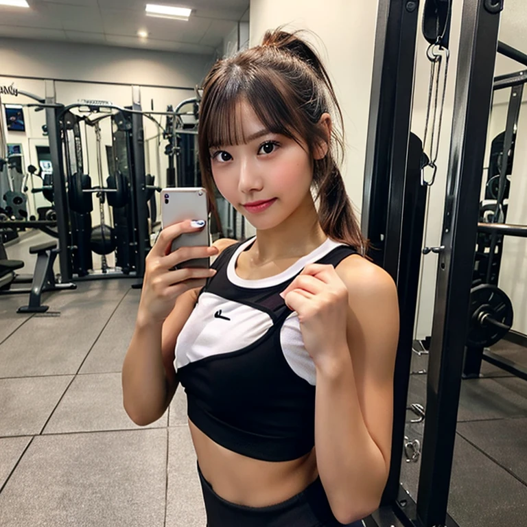Highest image quality、1 person、perfect face、selfie、(flat chest:1.7)、Upper body、sports gym、training wear、Amateur sense、selfie、reality、narrow eyes、small eyes、