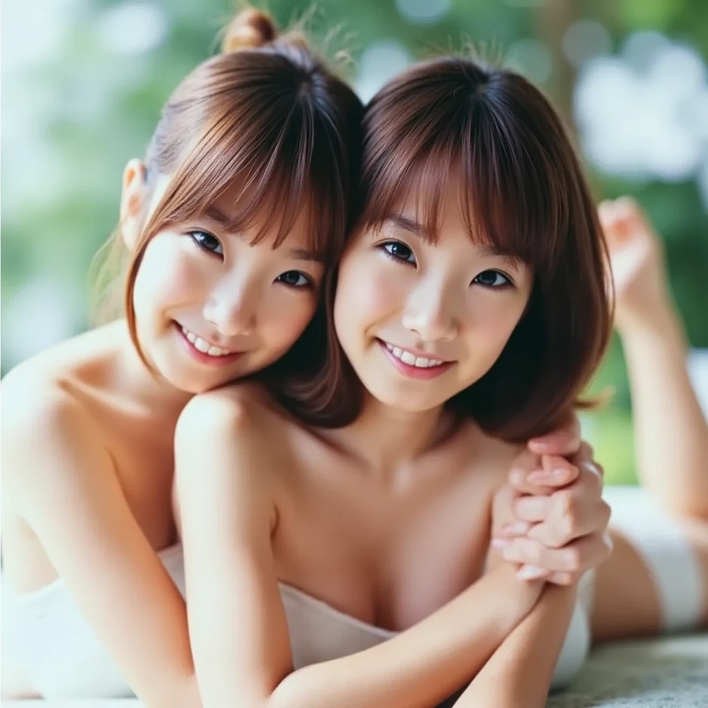 pieces fly, highest quality, ((highest quality、8K、masterpiece:1.3))、ultra high resolution、Physically based rendering、(realistic:1.37)、完璧な体の美しいtwo women:1.4、slim abdomen:1.2、Highly detailed face and skin texture、 red cheeks、white skin、thin waist,thin legs、highest quality,Super detailed,masterpiece,very beautiful 12 year old girl, (cute:1.2),perfect shiny skin,perfect skin,((Accurate hand without discomfort)), (brown hair),(short bob hair),(((full nude)))、((lower body nude))、smile、((stand in a flower field))、(((No panties)))、(((I can see pubic hair)))、(((two women)))、((down vest))、