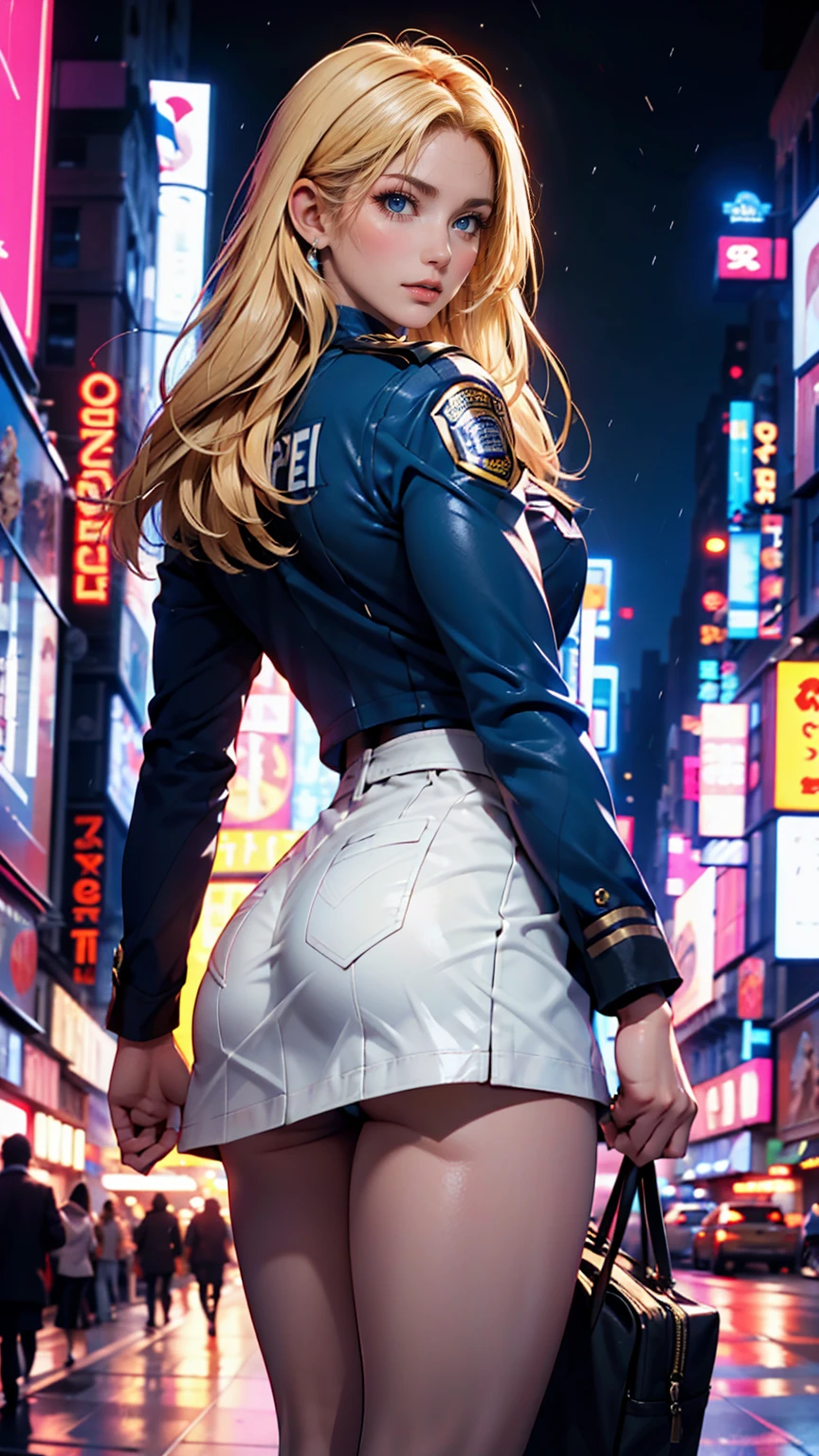 woman,14 years old,,city,night,(((white and blue tight miniskirt bodysuit))),,open mouth smile((See-through))(((Glasses))),((Beautiful long ponytail)),(()),blush、surprised face,(((look back))),((blonde))(((On the way to changing clothes)))(((While undressing)))