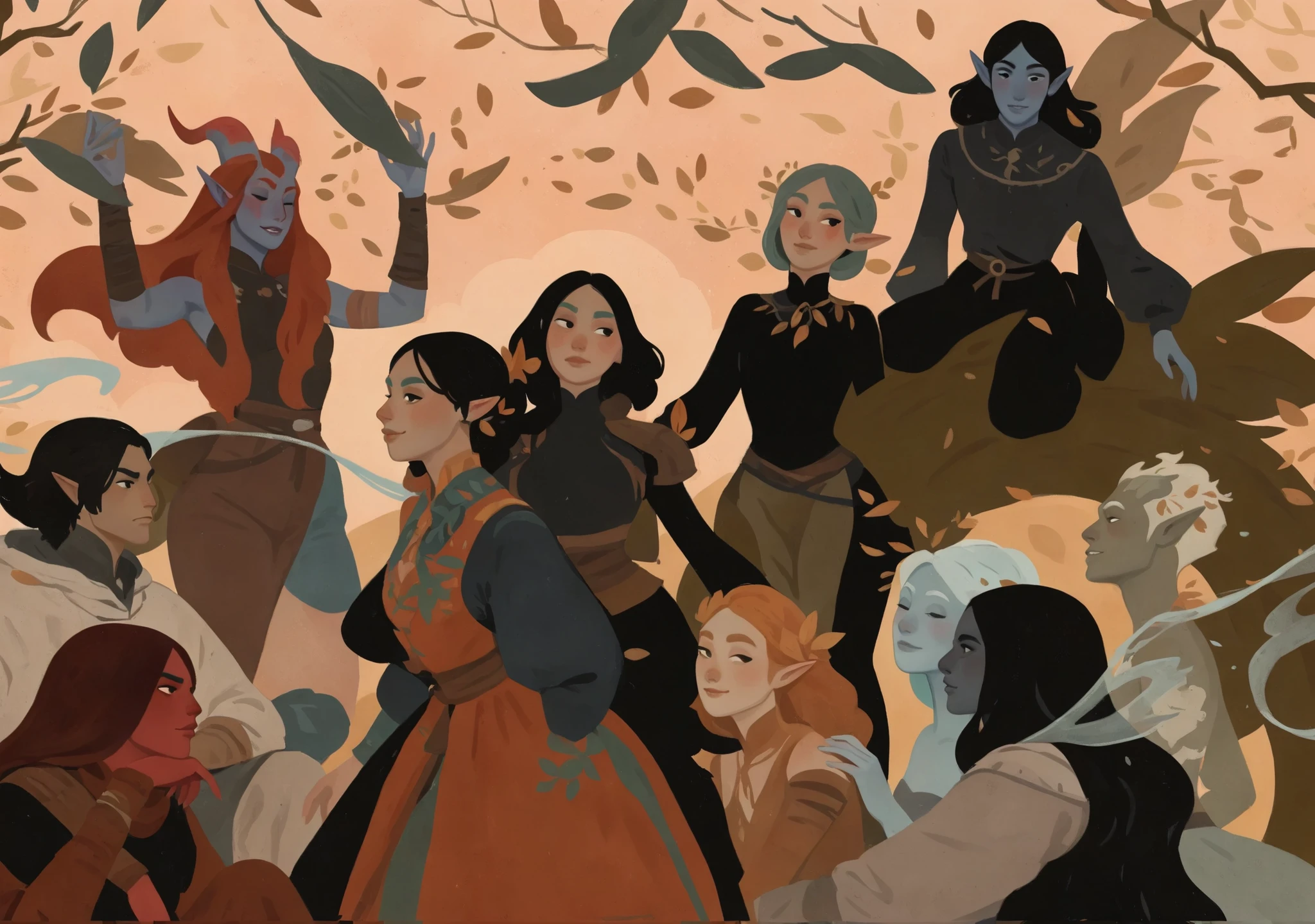 drki, dkri, portrait, a group of people, 5girls, 6boys, rating_questionable, BREAK
flat color, no lineart, group portrait,
tourquise hair, black eyes, demon, humanoid, colored skin, red skin, facing viewer, detailed illustration, characters, detailed faces, black clothes, ethereal atmosphere, fantasy aesthetic, painterly illustration, gouache painting, gouache texture, soft illustration, 2d art, leaves, abstract background, masterpiece, best quality