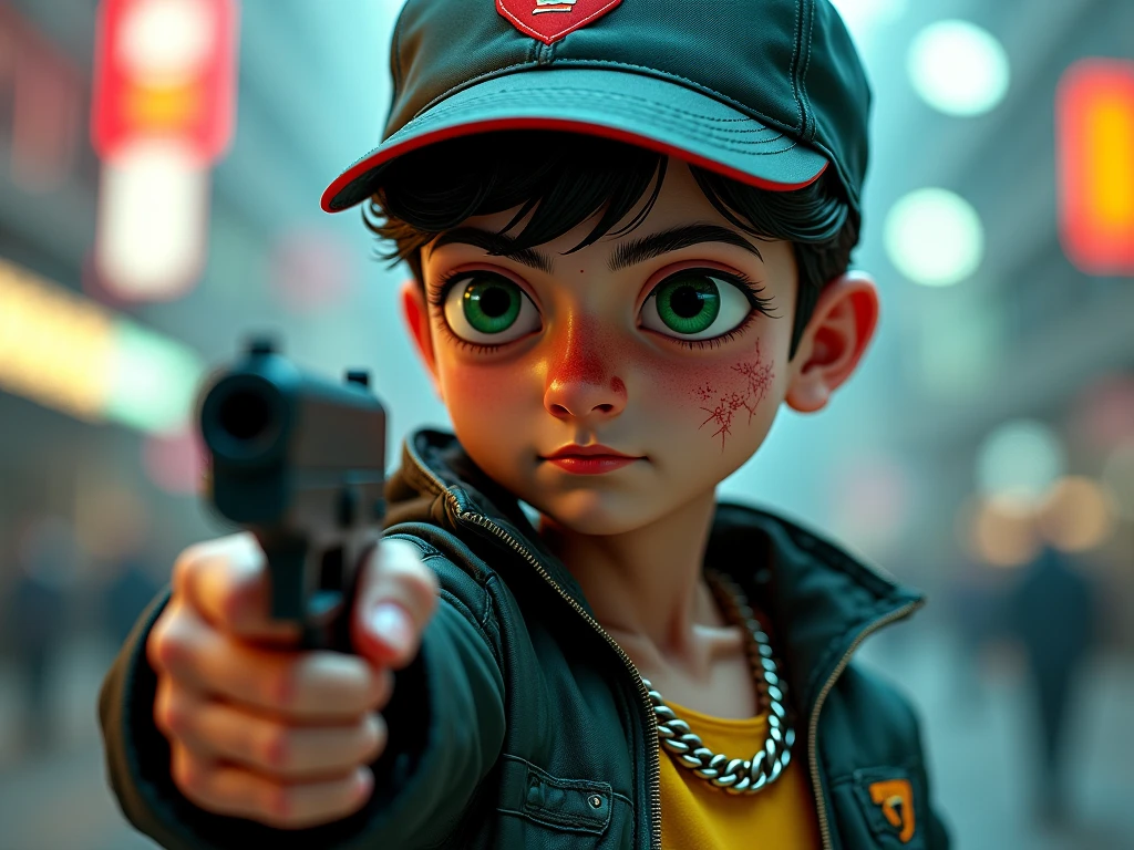 A aggressive boy wearing glasses And rap style dress Holding Gun and middle finger up