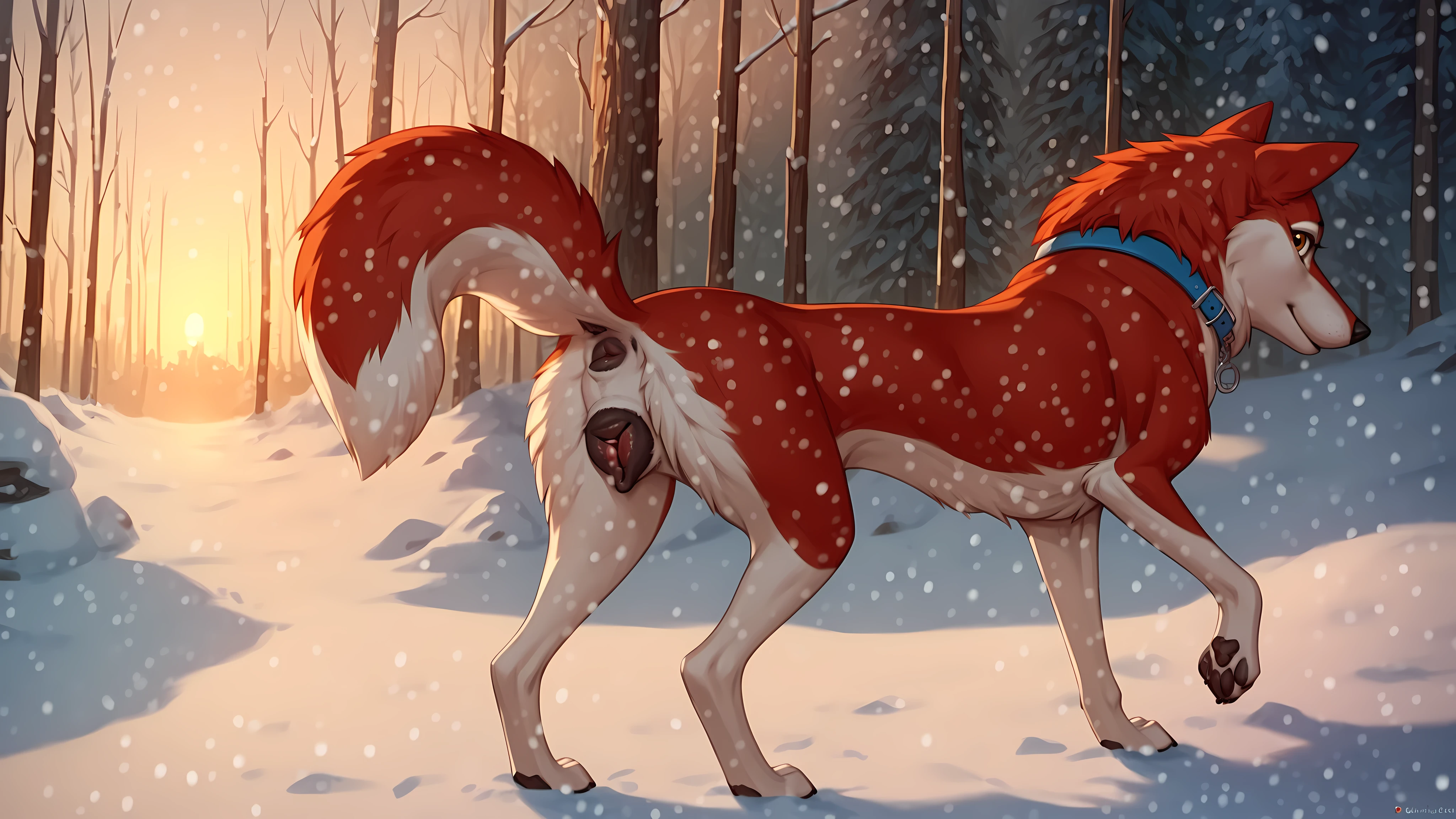 masterpiece, explicit, realistic, (cute, young), (feral), siberian husky, red fur, two tone fur, jenna\(balto\), domesticated, pet, cutest canine, amber eyes, animal, female, in estrus, cute, cuddly, petite snout, petite body, small head, outside, woods, sexy, smooth shading, closed mouth, night, collar, in Alaska, snow, standing, facing away, looking on viewer, cute pose, lifting tail, (canine pussy:1.4), (canine asshole), (canine spade), desirable, Tetsuya Nomura style, feminine body style, no outline