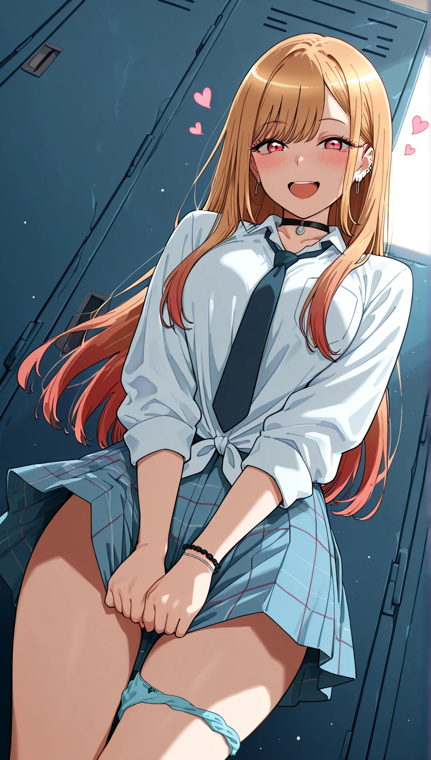 highest quality,wonderful,finely,Very detailedな CG ユニティ 8k 壁紙、(Contemptuous Eyes、Glaring expression:1.4)、train、whole body, (Sailor suit), (Black see-through underwear:1.3),Pussy juice,(Black Stockings:1.1),(Thighs:1.2),(From below:1.1)、(Stand up and put your feet up:1.2),　(highest quality:1.2, Anime artwork, Very detailed, High detail, digital coloring, High Contrast, masterpiece:1.2, highest quality, Best aesthetics), (((kitagawa marin, 1 girl))), Blonde Hair, Straight Long Hair, Pink gradient hair, Red eyes, Earrings, White shirt, Black choker, Blue tie, Check skirt, Wet vagina、Semen overflowing from the vagina、