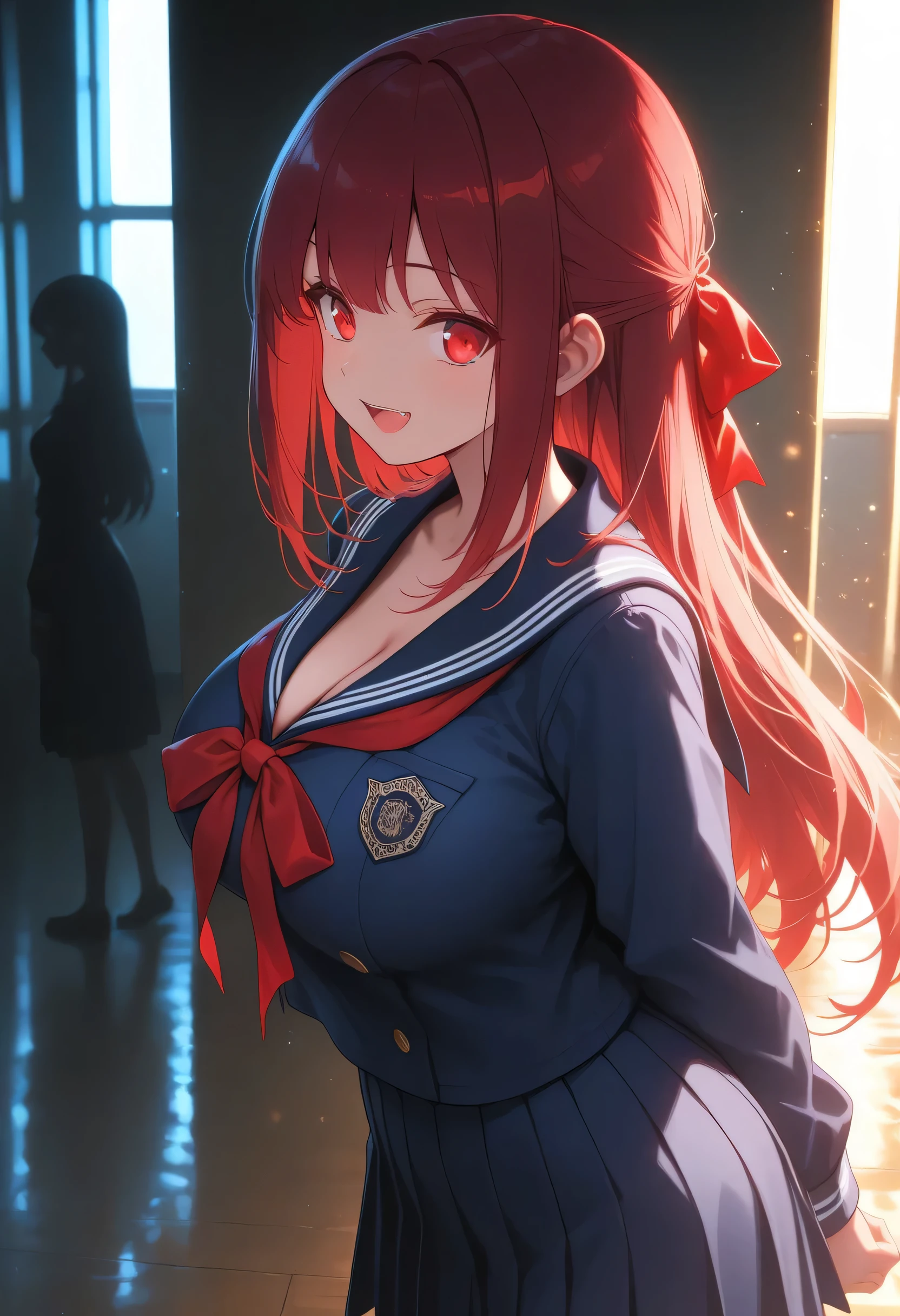 masterpiece, best quality, highly detailed background, perfect lighting, best quality, (extremely detailed face), volumetric lighting, intricate details, shadow, tonemapping, sharp focus, hyper detailed, trending on Artstation, (solo), (Background in the bathroom) .Girl with long red hair. Red eyes. curvy. Blush, Clear skin. Big bust. Smile, ((with school report)) ((Dressed as a schoolgirl)) ((school skirt))