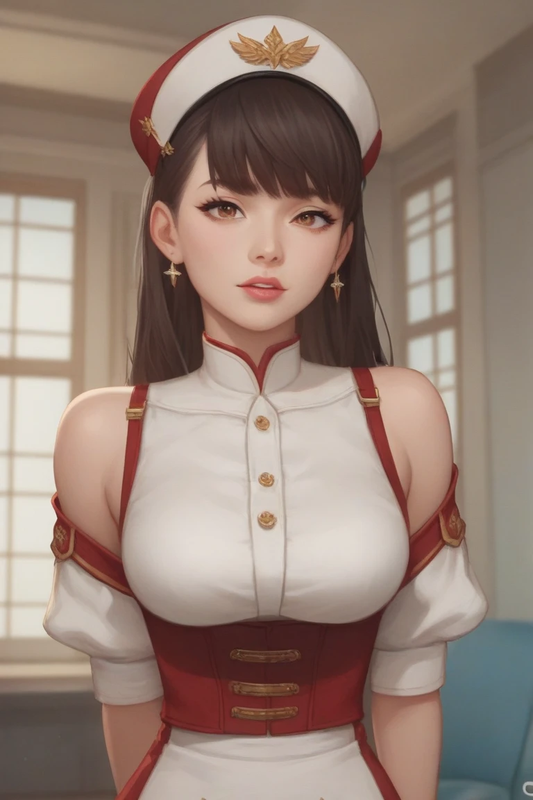 (masterpiece, best quality, ultra high res, beautiful detailed hair detailed face, perfect feminine face), cute anime girl in long white gown wearing, long sleeves, wide sleeves, straight black hair, black eyes, almond-shape eyes, big red lips, flushed, blushed, light particle, sparkling particle