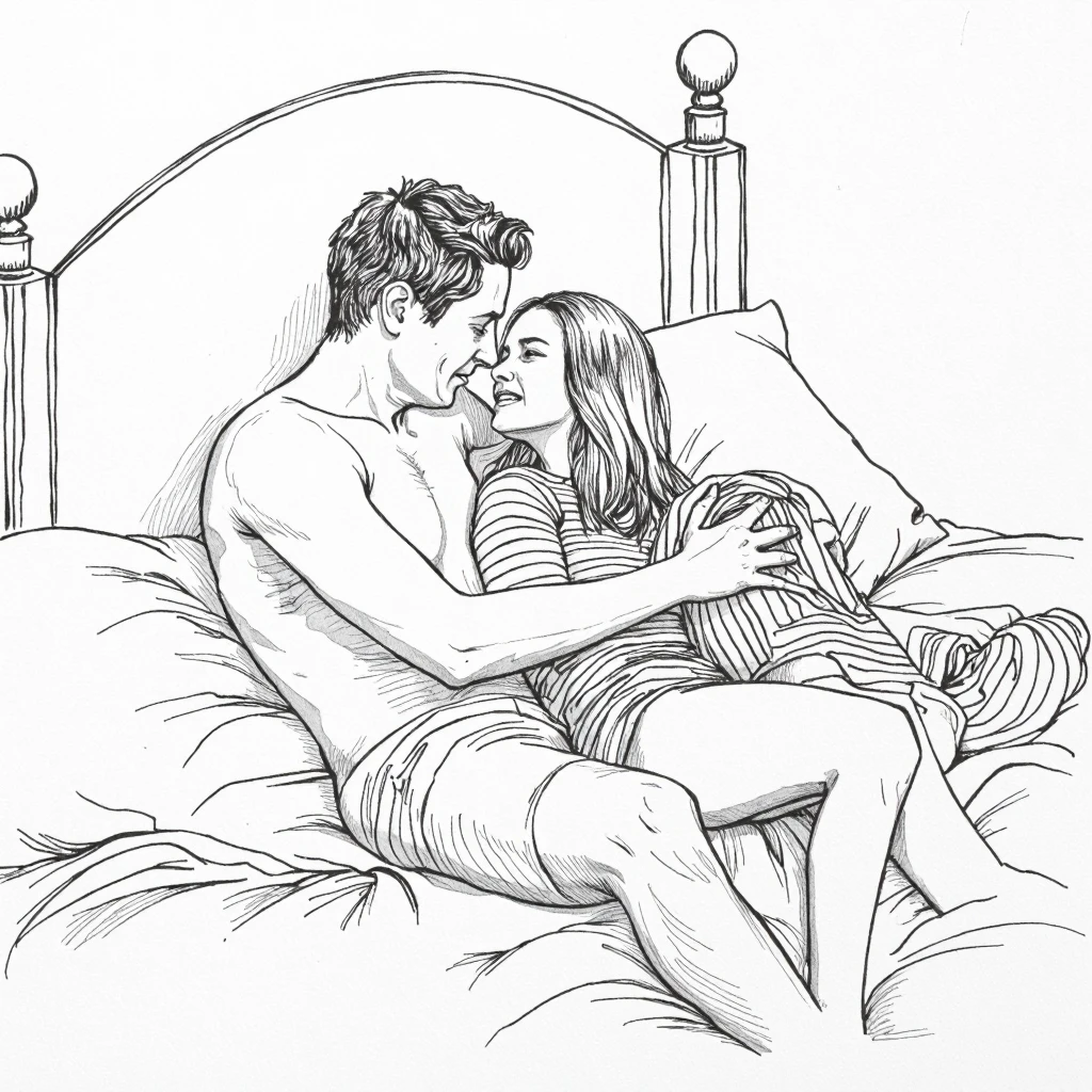 Create an easy drawing to draw, of a man and a woman lying in a bed , that the drawing be in black and white , Put clothes on both of them and place objects in the room
