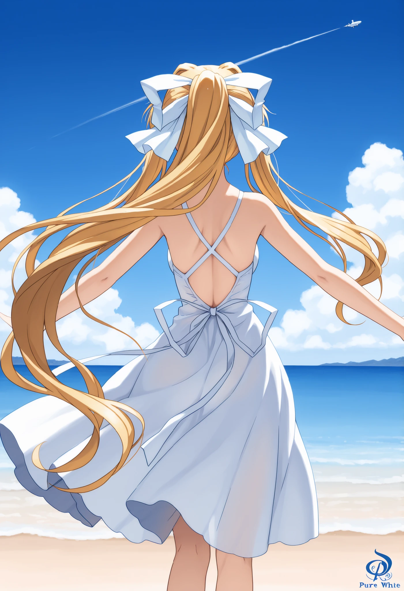 Masterpiece,Best quality, ultra detailed,Japanese Anime style, Girl, solo, blonde, Kamio Misuzu, AIR, facing backwards, back, arms outstretched, sandy beach, blue sea, blue sky, AIR logo,(( pure white round sparrows is flying near her))