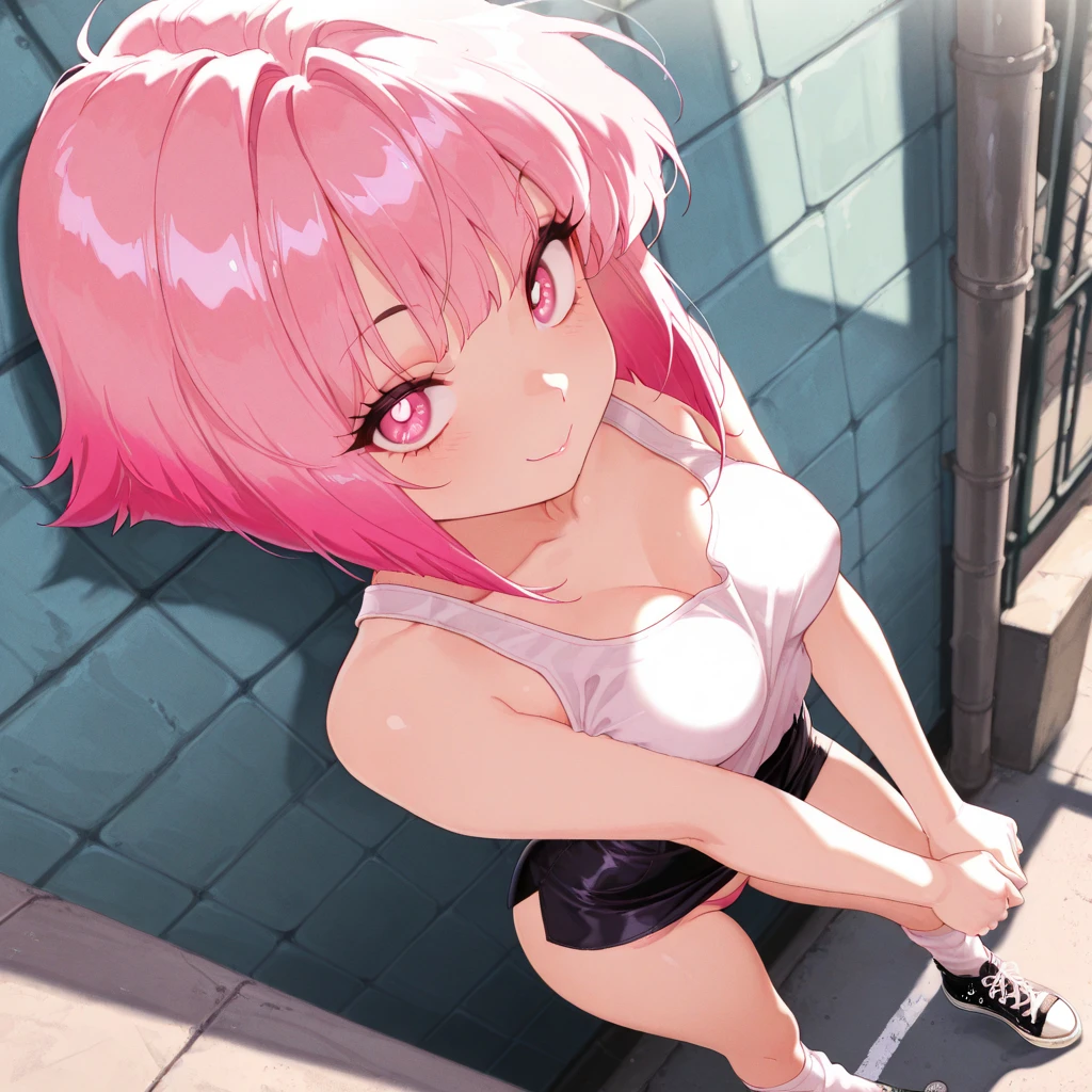 masterpiece, best quality, 1girl, solo, crop top, denim shorts, choker, (graphite: 1.5), paint splashes, arms behind back, against wall, looking at viewer, armband, body paint , head tilt, ((Evil smile)), long pink hair, pigtails, blue eyes, thick and muscular thighs, muscular belly, barefoot, medium breasts, full body photo