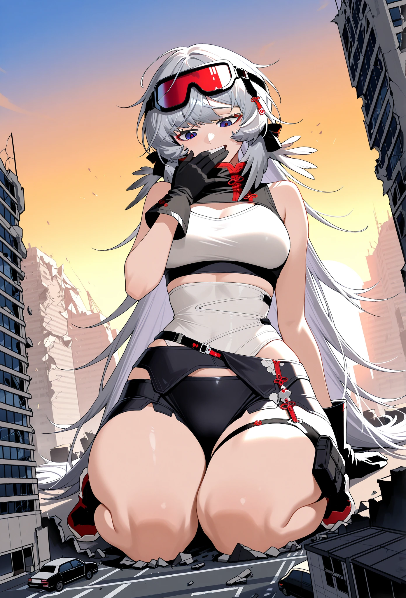 Sexy anime girl, white hair, red eyes, Sitting on building and crushing it, the building is collapsing, wearing latex pants,(orgasm, Ahegao, crossed eyes, she is happy and horny), (collapsing building), her ass is crushing the building, her ass facing screen, impact, girl is riding a building, (crushed by ass)