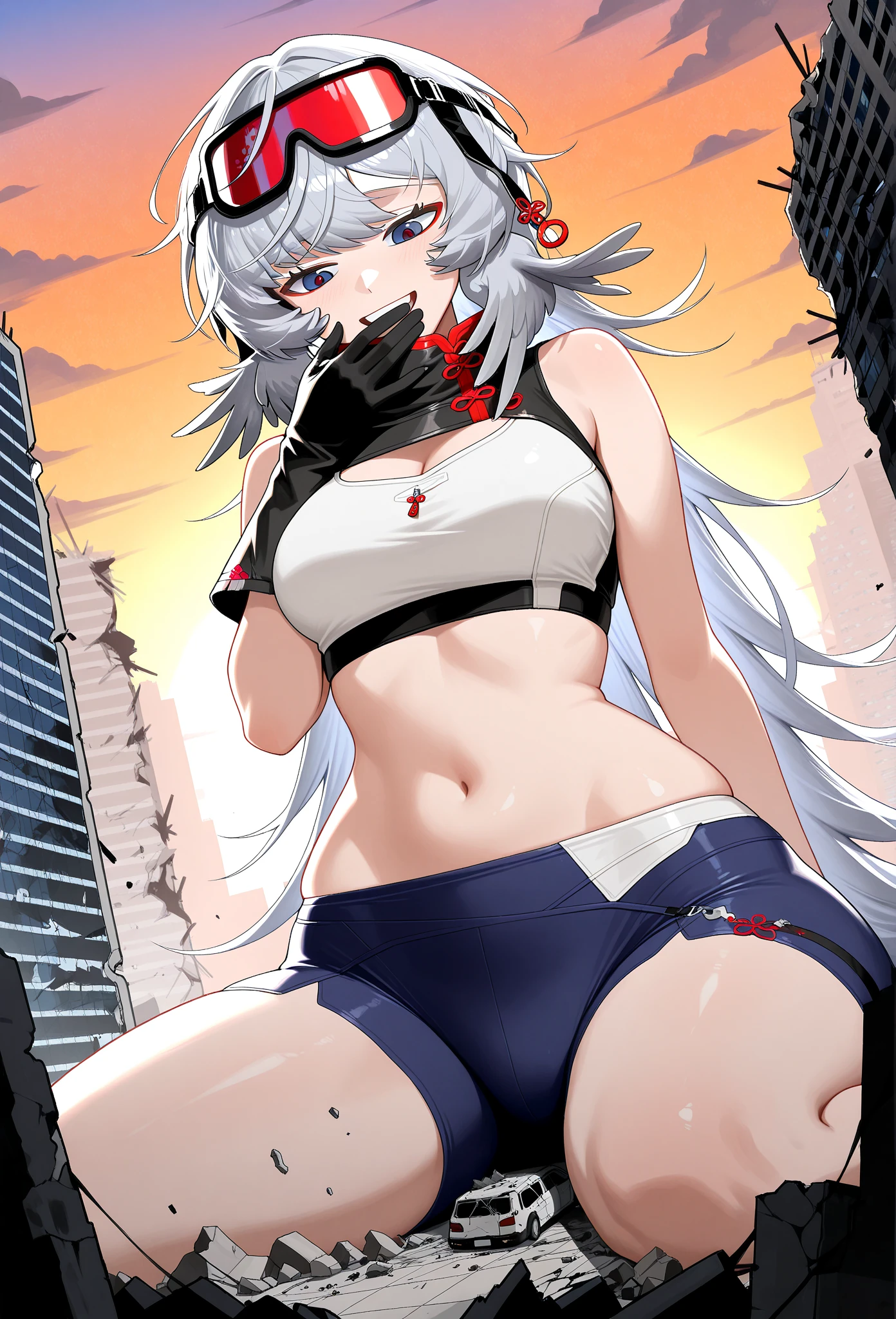 (((high quality))),(((masterpiece))),(((highly detailed))),((illustration style)),
(((fujiwara no mokou))),(touhou),(((red eyes))),(((long hair,white hair,bangs,hime cut)))),(((hair bow, white bow))),(((white leather jacket))),(((Flame Pattern print red full bodysuit))),((latex)), (shiny clothes:1.2),(((grin))),(((large breasts))),(((full body))),(((arm behind head))),(((model posing))),((((simple white background))),(((Diagonal angle)))