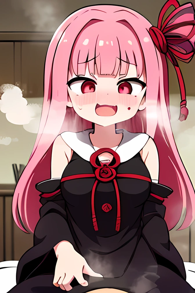 score_9_up,,score_8_up,score_7_up,score_6_up,score_5_up,score_4_up, 1girl , POV Straddling ,hetero,kotonoha akane,Small eyes,red eyes, iris,(A single fang),round face,long hair,pink hair,red ribbon,(((short stature))),((( big breast))),(chubby),black dress,  detached sleeves, wide sleeves, bare shoulders,(steam:1.6),(((sexual excitement))),(赤い頬),big smile,(((sweat))),indoor,bedroom,at noon,upper body,