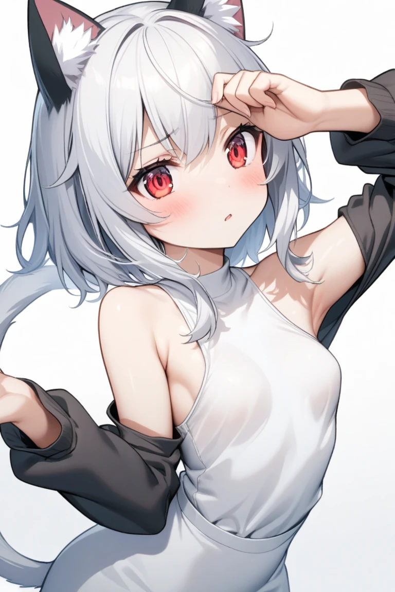 (sketch drawing:1.2), 1girl, close up, (cute), (fox ears), (red eyes), (white hair), (medium hair), naked, (white background:1.3),nsfw,white hair, black sunglasses