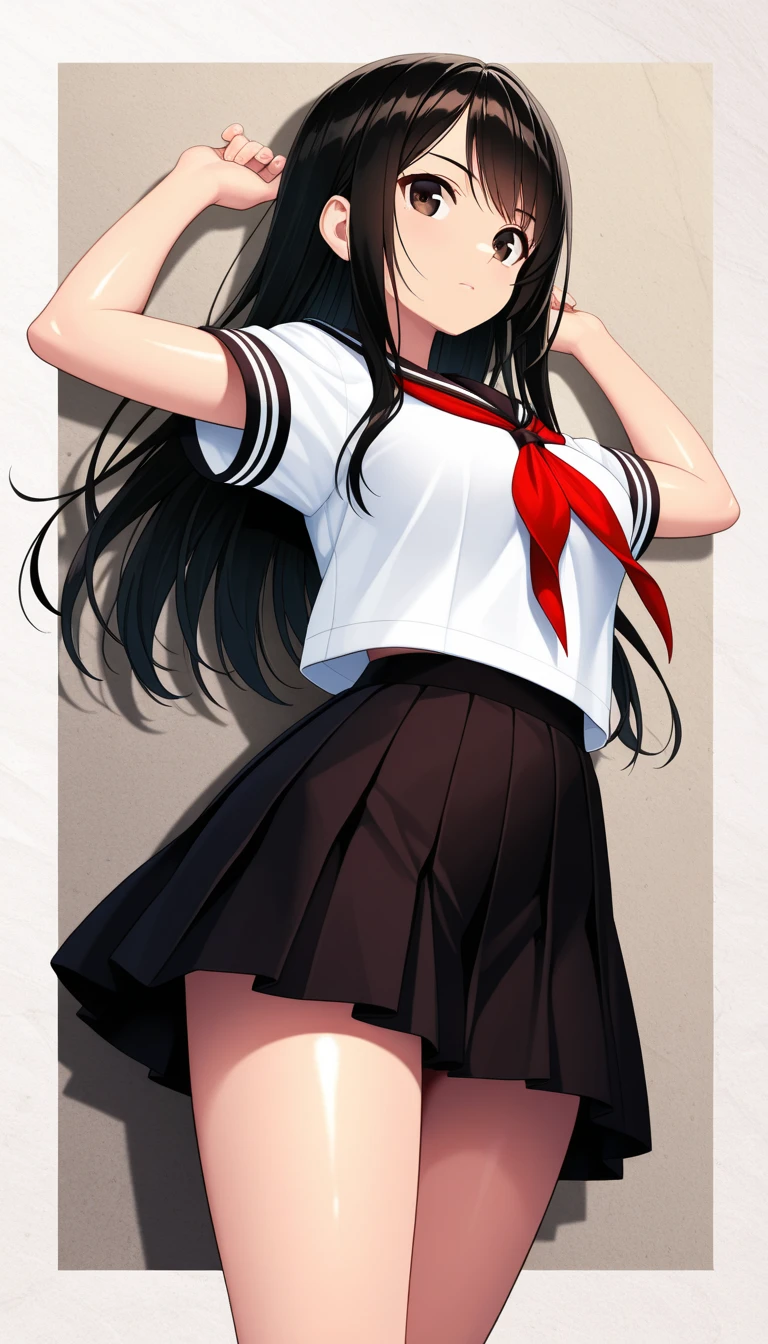 an anime character with long brown tresses and a short skirt in sailor open outfit, holding a bow and arrow, 1girl, solo, sexy short school uniform, sexy serafuku, long hair, black hair, cowboy skirt, looking at viewer, white background, simple background, black serafuku, pleated skirt, blush, low back angle, uncensored,50% nude